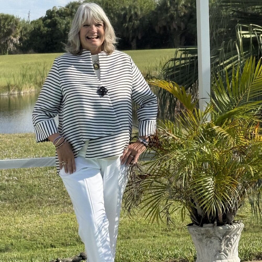 Joseph Ribkoff eclectic occasion summer jacket, Navy stripes, size US 12-14 NEW